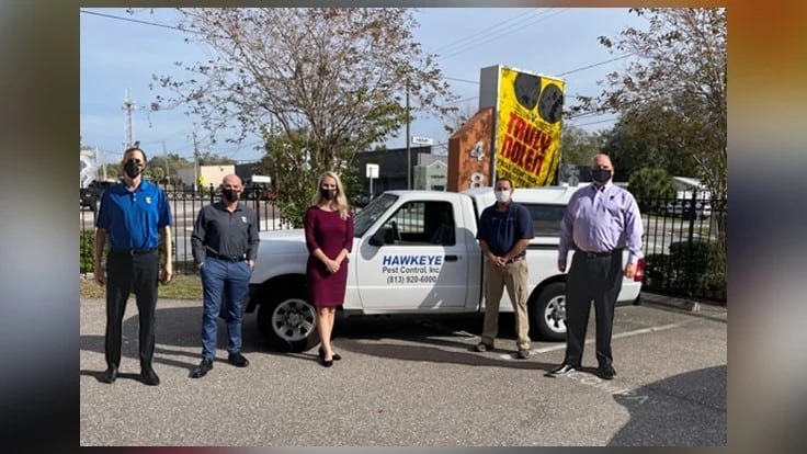 Pictured (from left to right) Matt Wild, Truly Nolen CFO, Justin Bellet, Truly Nolen COO, Scarlett Nolen, Truly Nolen President, Obie Munoz, Hawkeye Pest Control, and Greg Weatherly, Truly Nolen Acquisitions Director