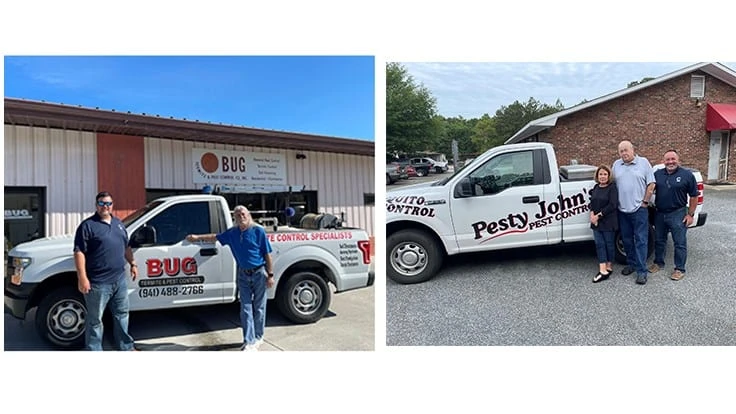   Left photo (l to r): Ron Shakespeare, Certus, and Bug Termite & Pest Control owner Danny Swain. Right photo (l to r): Pesty John's owners Donna and John Allen and Verne Keller.