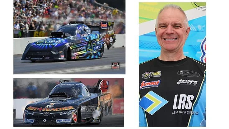 Top left: Funny car driven by Tim Wilkerson (right). Bottom: Alex Miladinovich and his funny car.