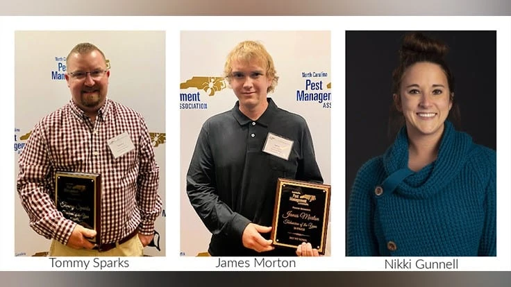 From left to right, Technician of the Year P-Phase recipient, Tommy Sparks of Terminix Triad (Stokesdale); Technician of the Year W-Phase recipient, James Morton of Terminix Triad (Elkin); Administrative Professional of the Year recipient, Nikki Gunnell of Go-Forth Pest Control (Greensboro).