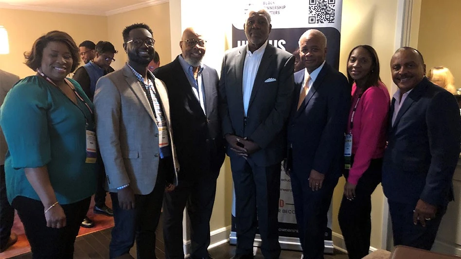 Black Ownership Matters hosted speakers Charlie Titus (4th from left) and Darrel Byers (5th from left) at PestWorld 2022. BOM members include (from left) Dr. Sonja Thomas, Hamilton Allen and Wayne Golden, and (from far right) Sterling Barbour and Faye Golden.
