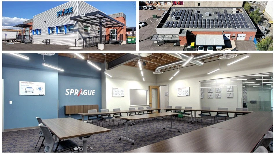Exterior and bird's eye of the new Denver Sprague Service Center, as well as the location's meeting room.