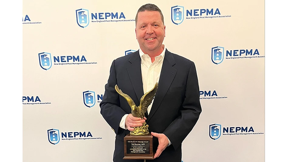 Ted Brayton, A.C.E., Griggs & Browne Pest Control, receives the New England Pest Management Association 2022 Bartlett W. Eldredge Award.