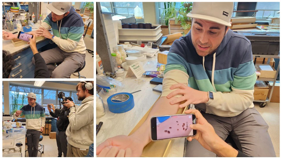 YouTuber Mark Rober and his team visiting Dr. Changlu Wang's lab at Rutgers University.