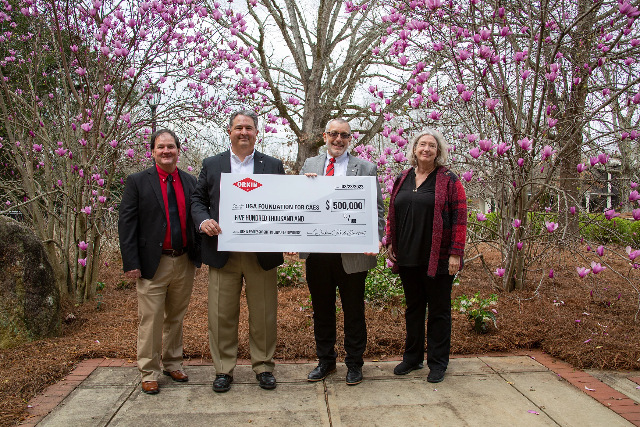 Left to right: Dan Suiter, Orkin Professor of Urban Entomology and UGA Extension; entomologist Freeman Elliott, recently retired Orkin president and member of the CAES Advisory Council; Nick Place, CAES dean and director; Kris Braman, head of CAES Department of Entomology.