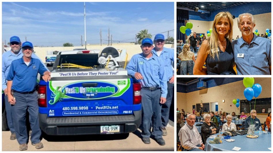 Some of the Pest'R Us Exterminating team (left). Melinda and Eric Papadeas (upper right) and employees and clients at the company's 30-year celebration banquet.