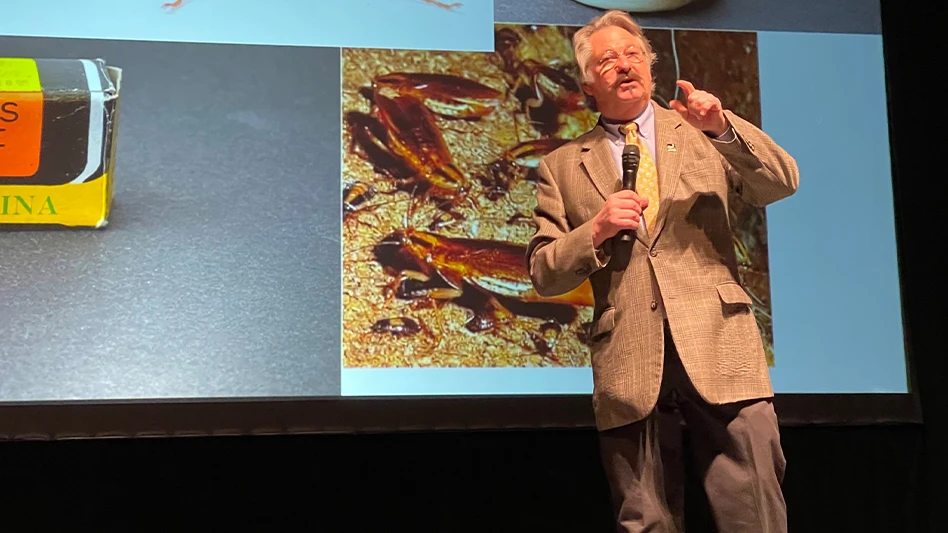 Mark “Shep” Sheperdigian speaking on German cockroach control at this year's Purdue Conference.