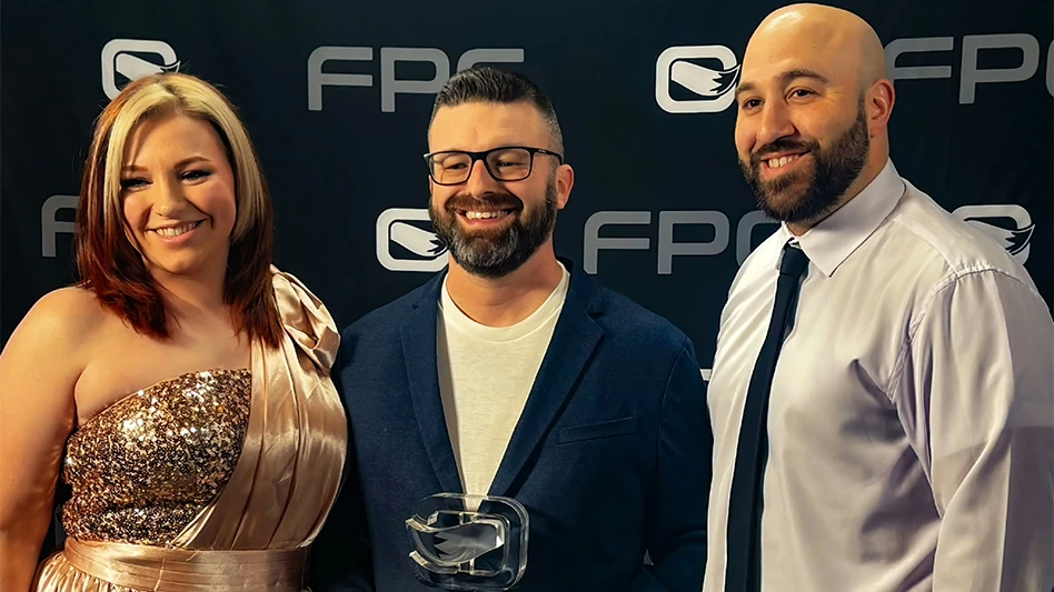 Left to right: Service Manager Ashley Morenzetti, Branch Manager Christopher Catani, and Service Manager Christopher Letendre at the company's yearly Leadership Summit in Logan, Utah.