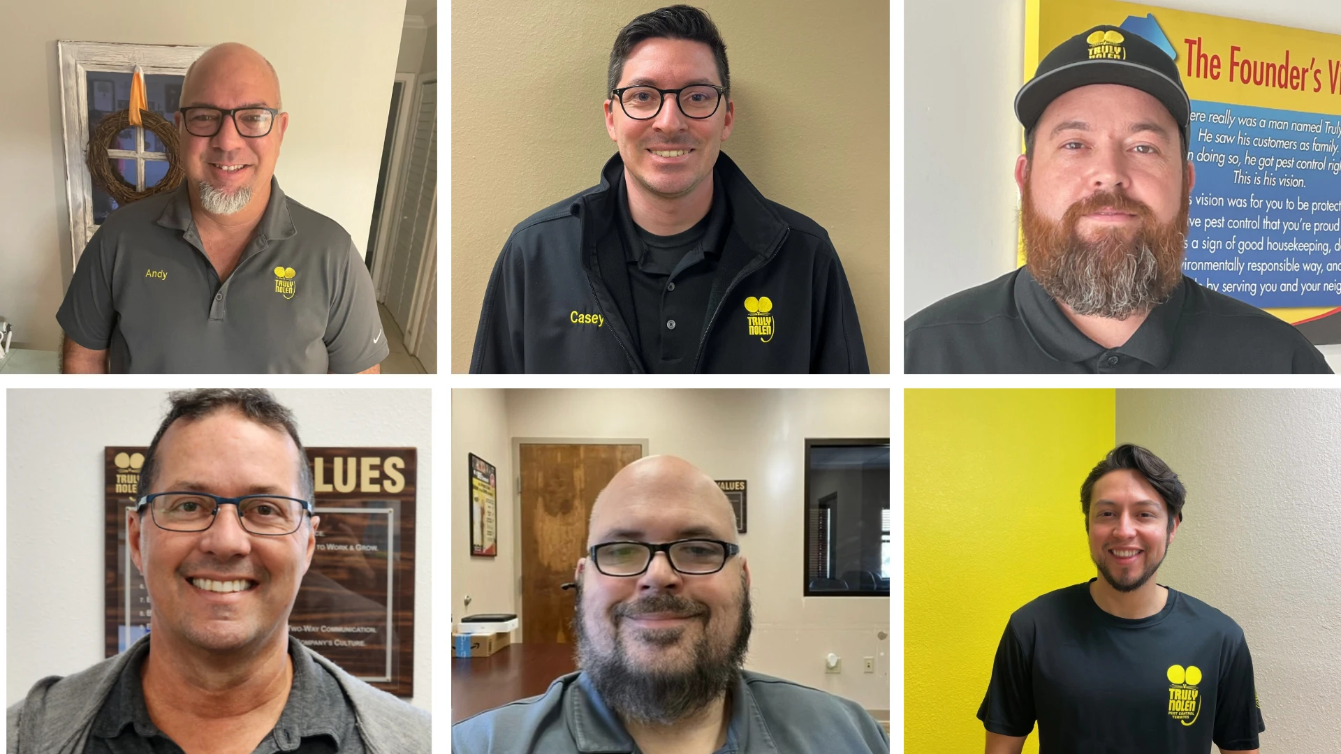 Andy Salvador (top left), Casey Levo (top middle), George Guerra (top right), James Hayhurst (bottom left), Joseph Mikesell (bottom middle) and Oscar Avila (bottom right).