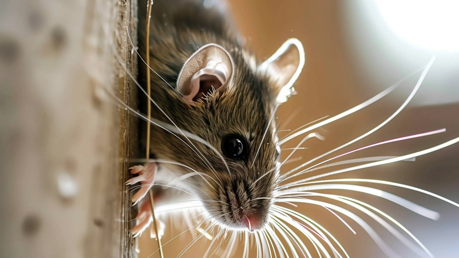 Rodent visible in wall crevice indoors.