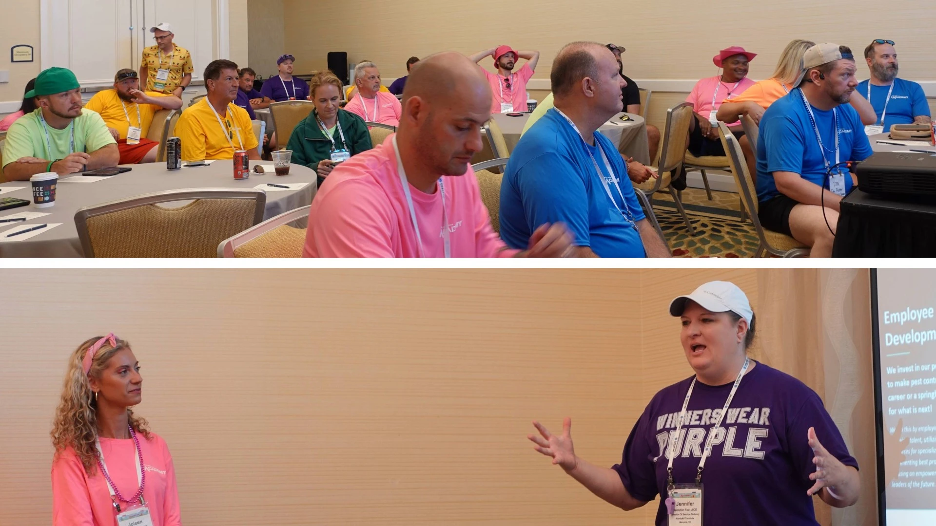 NPMA attendees discussed an empathetic work culture (top) and Samantha Forrest, territory manager at Corteva Agriscience, Joleen Matthews, American Pest project management and IT director, and Jennifer Fox, director of service delivery at Rentokil Terminix, led the employee engagement discussions (bottom).